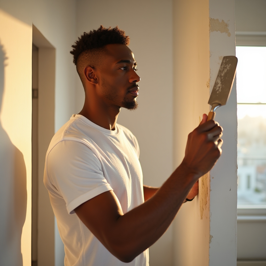 Handwerker trägt Spachtelmasse auf eine Wand auf
